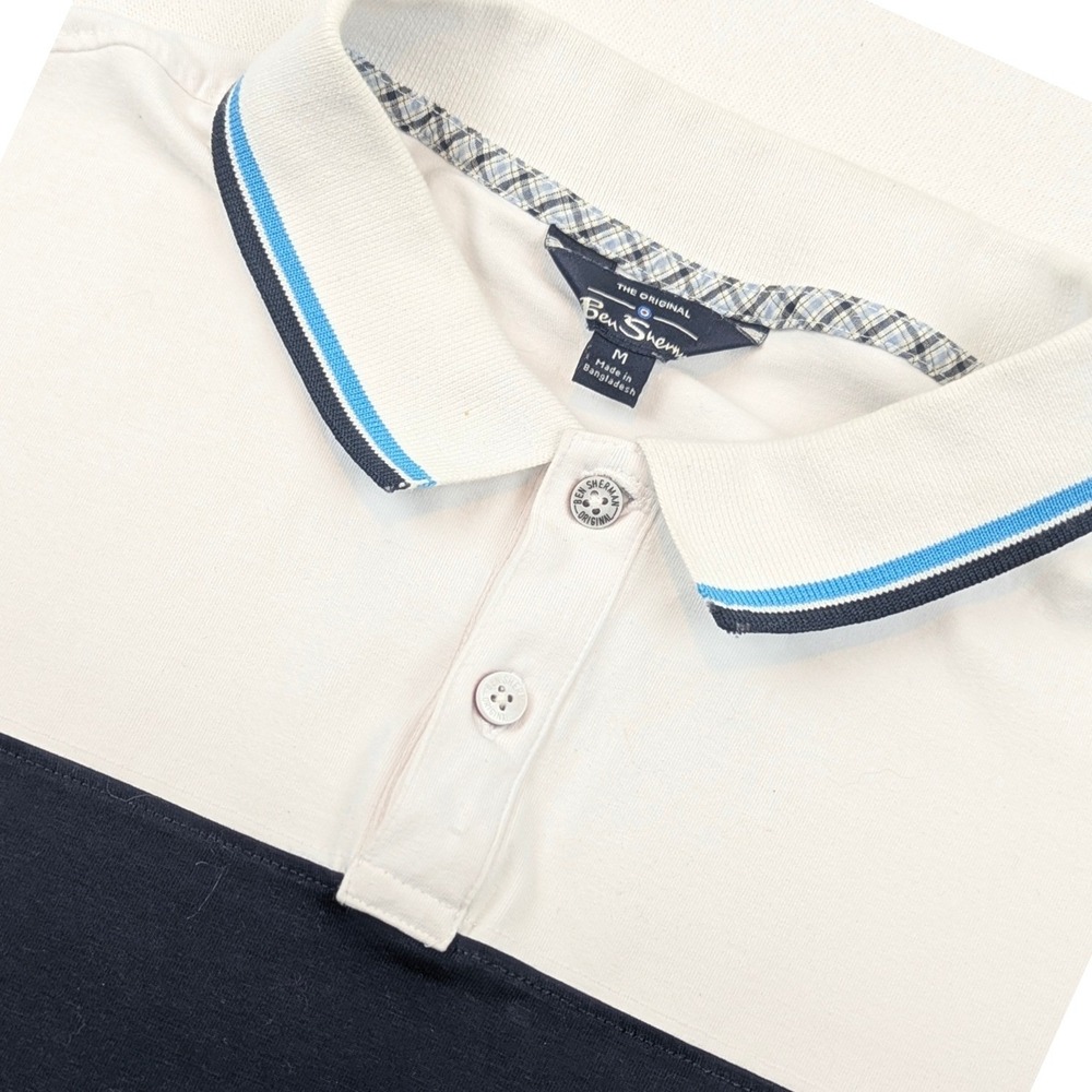 Ben Sherman Mens Striped Polo Shirt White Navy Blue Mod Script Logo Size M